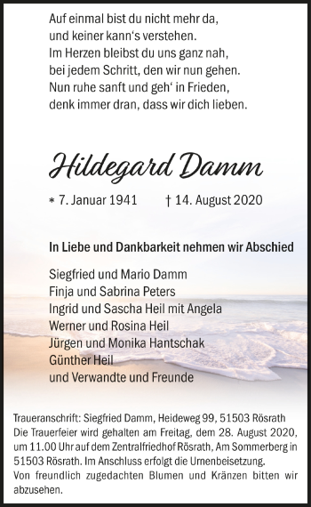 Anzeige von Hildegard Damm von  Bergisches Handelsblatt 