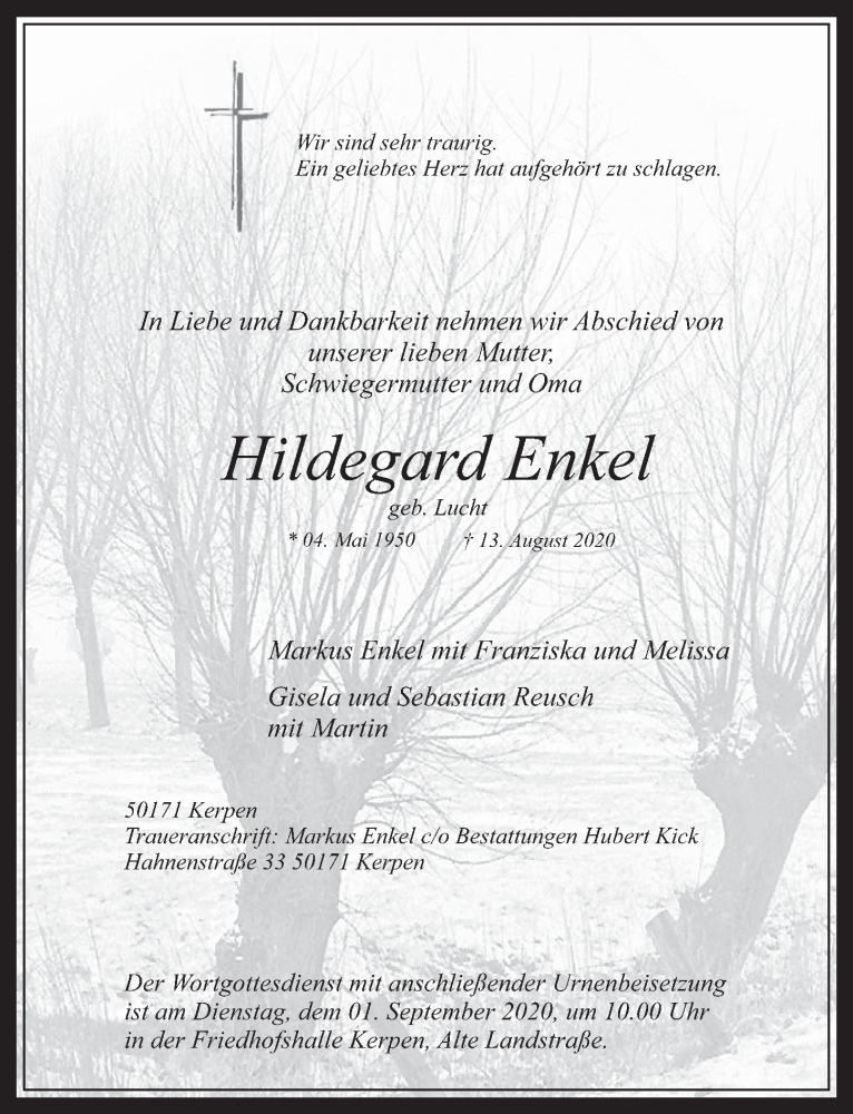  Traueranzeige für Hildegard Enkel vom 28.08.2020 aus  Werbepost 