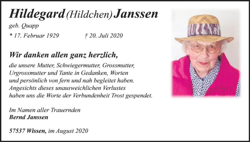  Traueranzeige für Hildegard  Janssen vom 07.08.2020 aus Kölner Stadt-Anzeiger / Kölnische Rundschau / Express