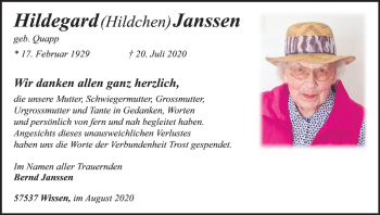 Anzeige von Hildegard  Janssen von Kölner Stadt-Anzeiger / Kölnische Rundschau / Express