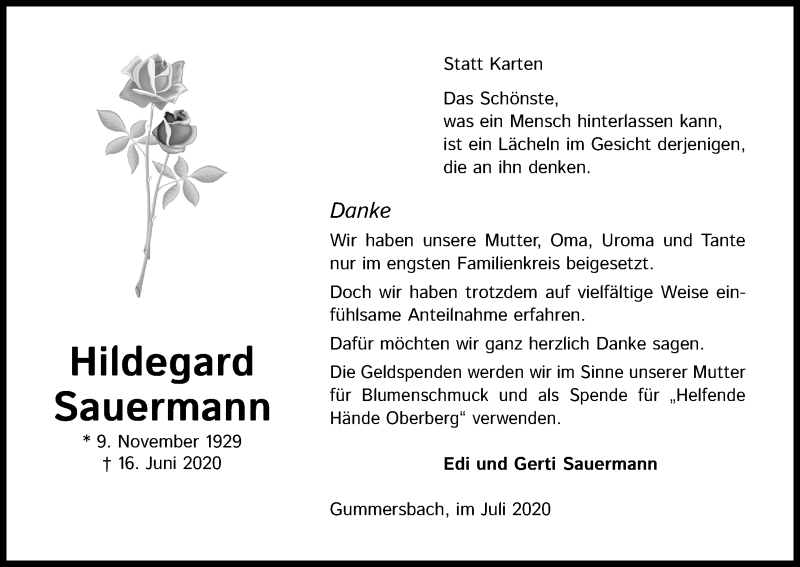  Traueranzeige für Hildegard Sauermann vom 01.08.2020 aus Kölner Stadt-Anzeiger / Kölnische Rundschau / Express