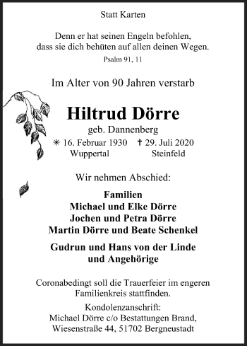 Anzeige von Hiltrud Dörre von Kölner Stadt-Anzeiger / Kölnische Rundschau / Express