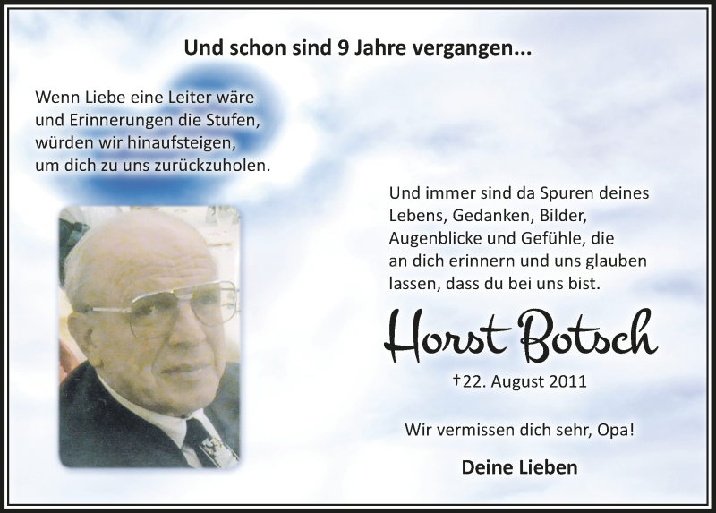  Traueranzeige für Horst Botsch vom 21.08.2020 aus  Anzeigen Echo 