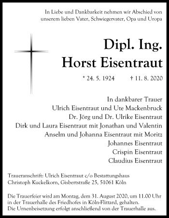 Anzeige von Horst Eisentraut von Kölner Stadt-Anzeiger / Kölnische Rundschau / Express
