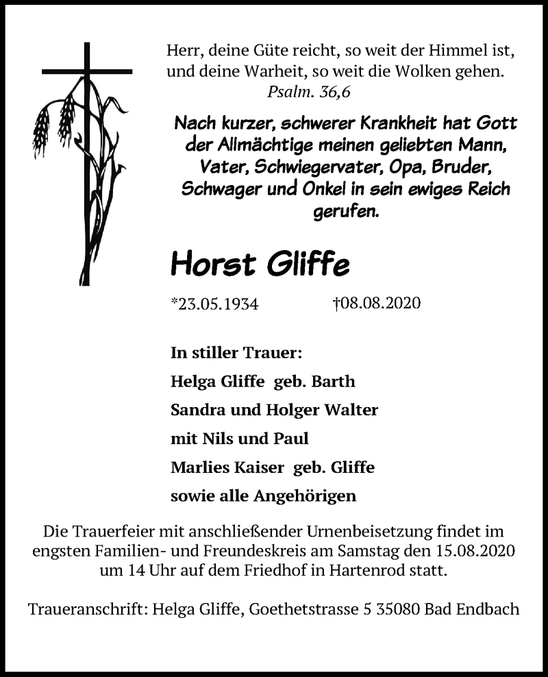  Traueranzeige für Horst Gliffe vom 12.08.2020 aus Kölner Stadt-Anzeiger / Kölnische Rundschau / Express