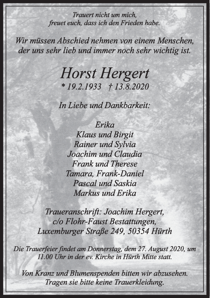  Traueranzeige für Horst Hergert vom 21.08.2020 aus  Schlossbote/Werbekurier 
