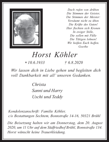 Anzeige von Horst Köhler von  Schlossbote/Werbekurier 