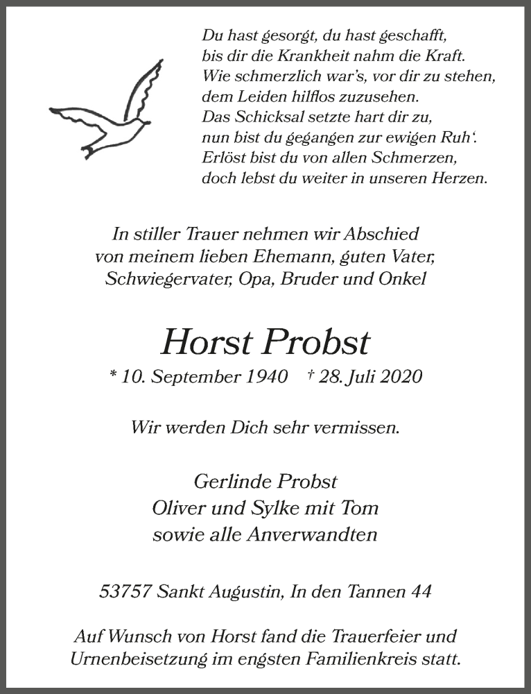  Traueranzeige für Horst Probst vom 14.08.2020 aus  Extra Blatt 