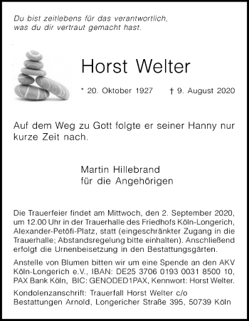Anzeige von Horst Welter von Kölner Stadt-Anzeiger / Kölnische Rundschau / Express