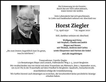 Anzeige von Horst Ziegler von Kölner Stadt-Anzeiger / Kölnische Rundschau / Express