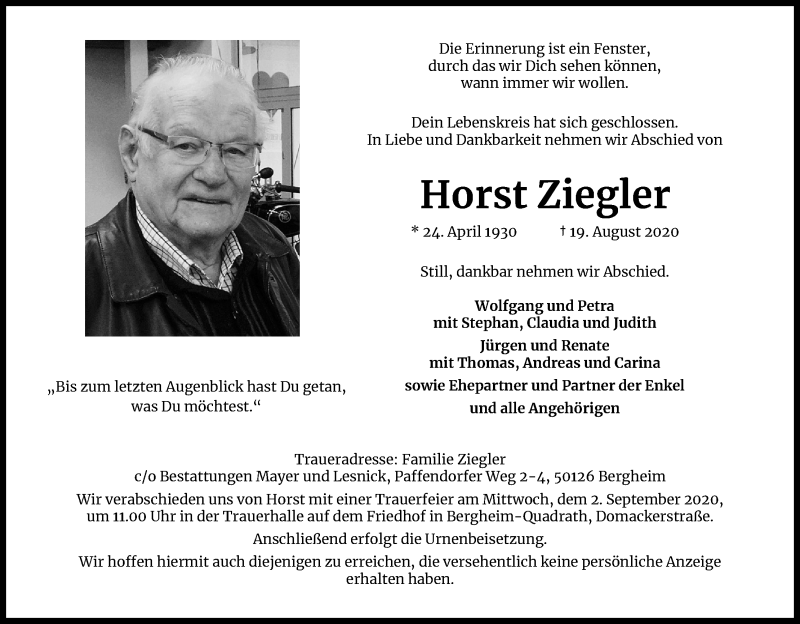  Traueranzeige für Horst Ziegler vom 29.08.2020 aus Kölner Stadt-Anzeiger / Kölnische Rundschau / Express