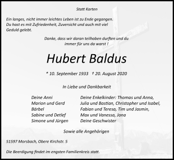 Anzeige von Hubert Baldus von Kölner Stadt-Anzeiger / Kölnische Rundschau / Express
