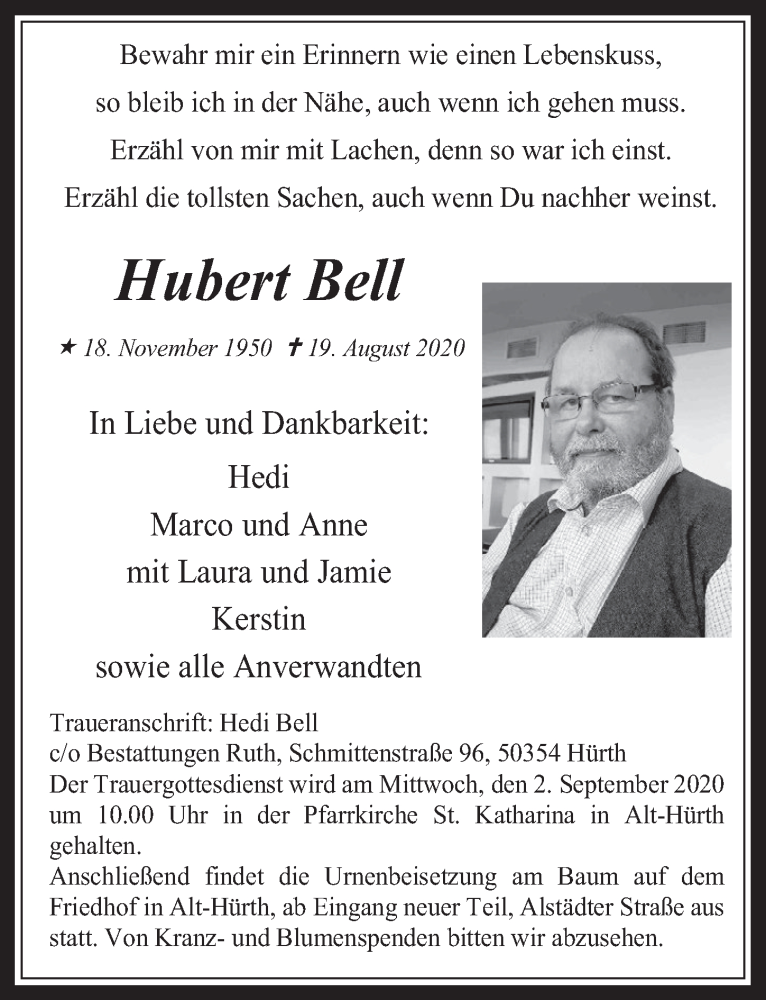  Traueranzeige für Hubert Bell vom 28.08.2020 aus  Wochenende 