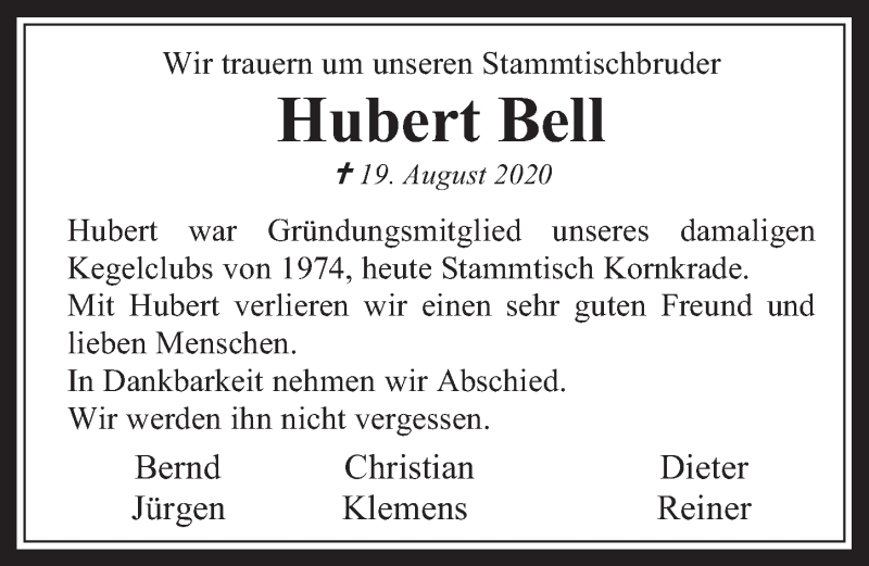  Traueranzeige für Hubert Bell vom 28.08.2020 aus  Wochenende 