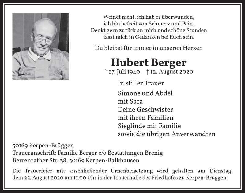  Traueranzeige für Hubert Berger vom 21.08.2020 aus  Werbepost 