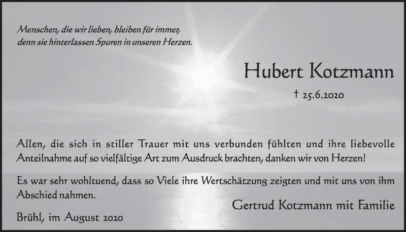  Traueranzeige für Hubert Kotzmann vom 07.08.2020 aus  Schlossbote/Werbekurier 