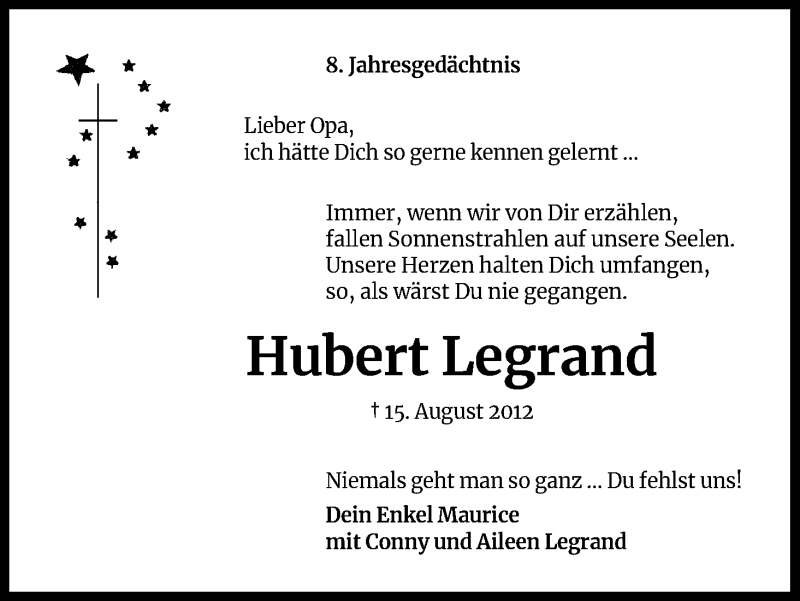  Traueranzeige für Hubert Legrand vom 15.08.2020 aus Kölner Stadt-Anzeiger / Kölnische Rundschau / Express