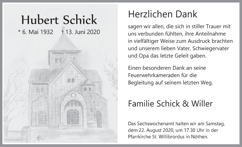  Traueranzeige für Hubert Schick vom 08.08.2020 aus  Blickpunkt Euskirchen 
