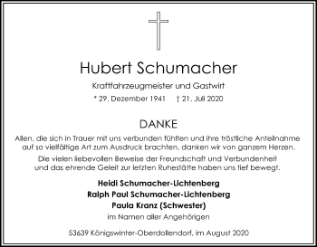 Anzeige von Hubert Schumacher von Kölner Stadt-Anzeiger / Kölnische Rundschau / Express