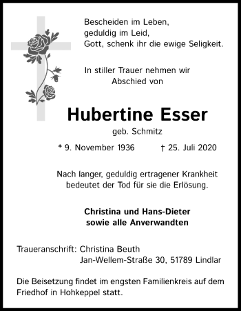 Anzeige von Hubertine Esser von Kölner Stadt-Anzeiger / Kölnische Rundschau / Express