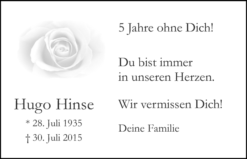  Traueranzeige für Hugo Hinse vom 01.08.2020 aus Kölner Stadt-Anzeiger / Kölnische Rundschau / Express
