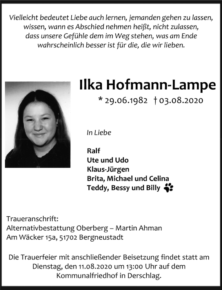  Traueranzeige für Ilka Hofmann-Lampe vom 07.08.2020 aus  Anzeigen Echo 