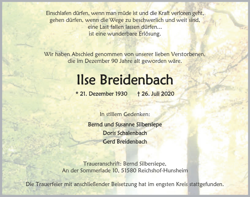  Traueranzeige für Ilse Breidenbach vom 14.08.2020 aus  Anzeigen Echo 