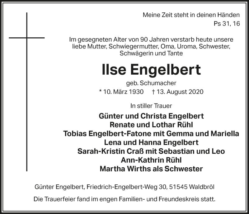  Traueranzeige für Ilse Engelbert vom 21.08.2020 aus  Lokalanzeiger 