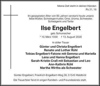Anzeige von Ilse Engelbert von  Lokalanzeiger 