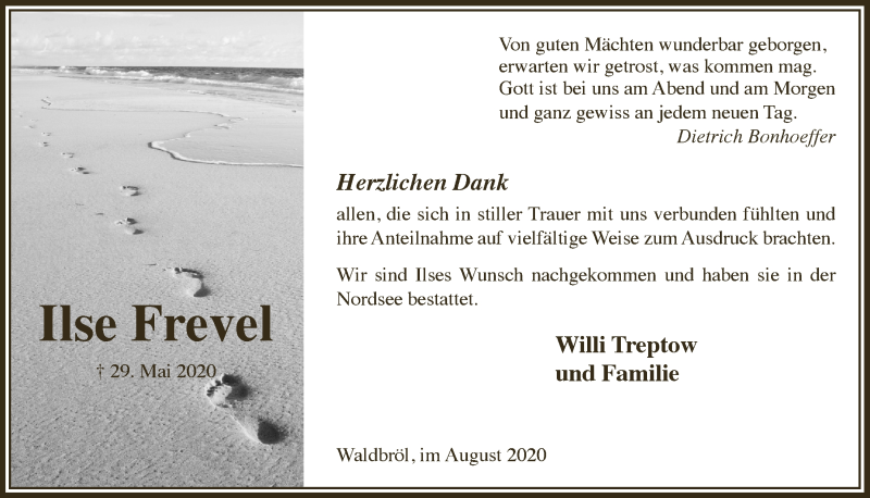  Traueranzeige für Ilse Frevel vom 21.08.2020 aus  Lokalanzeiger 