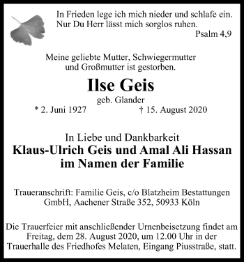 Anzeige von Ilse Geis von Kölner Stadt-Anzeiger / Kölnische Rundschau / Express