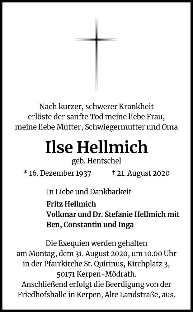  Traueranzeige für Ilse Hellmich vom 27.08.2020 aus Kölner Stadt-Anzeiger / Kölnische Rundschau / Express