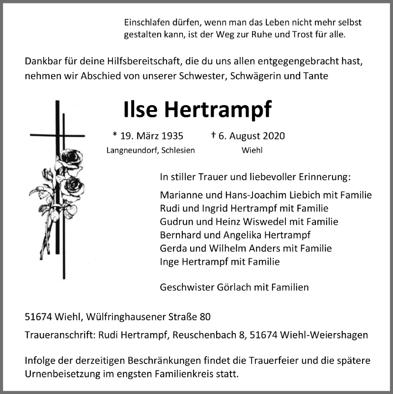  Traueranzeige für Ilse Hertrampf vom 28.08.2020 aus  Anzeigen Echo 