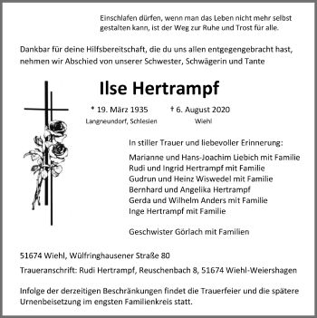 Anzeige von Ilse Hertrampf von  Anzeigen Echo 