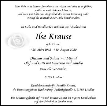 Anzeige von Ilse Krause von Kölner Stadt-Anzeiger / Kölnische Rundschau / Express