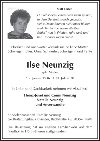 Anzeige von Ilse Neunzig von  Wochenende 