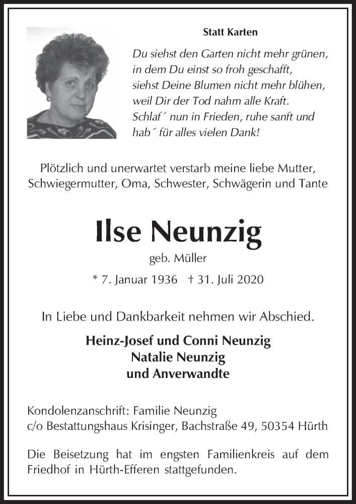  Traueranzeige für Ilse Neunzig vom 14.08.2020 aus  Wochenende 