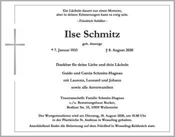 Anzeige von Ilse Schmitz von  Schlossbote/Werbekurier 
