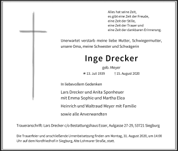 Anzeige von Inge Drecker von Kölner Stadt-Anzeiger / Kölnische Rundschau / Express