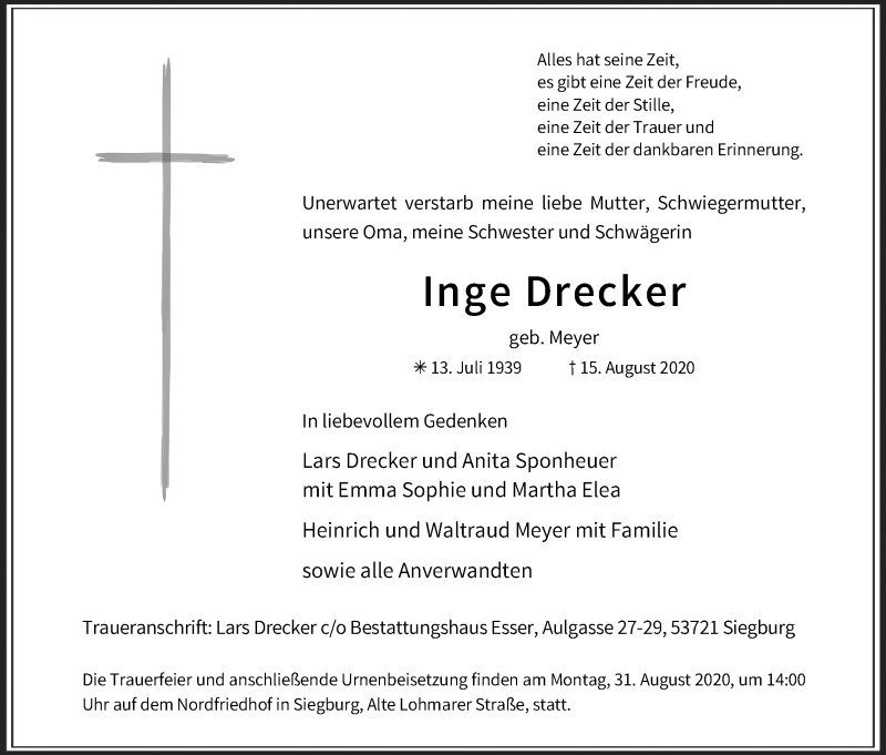  Traueranzeige für Inge Drecker vom 29.08.2020 aus Kölner Stadt-Anzeiger / Kölnische Rundschau / Express