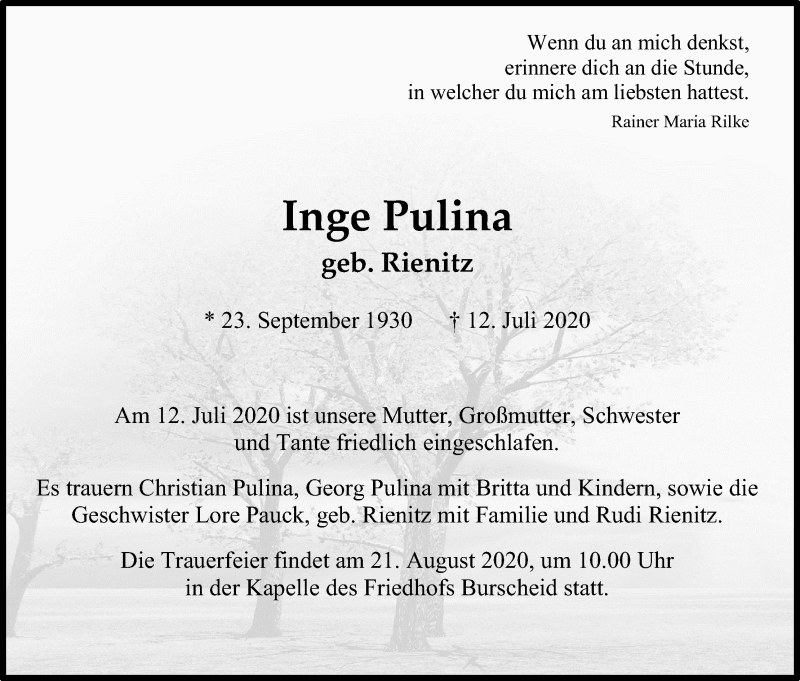  Traueranzeige für Inge Pulina vom 08.08.2020 aus Kölner Stadt-Anzeiger / Kölnische Rundschau / Express
