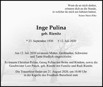 Anzeige von Inge Pulina von Kölner Stadt-Anzeiger / Kölnische Rundschau / Express