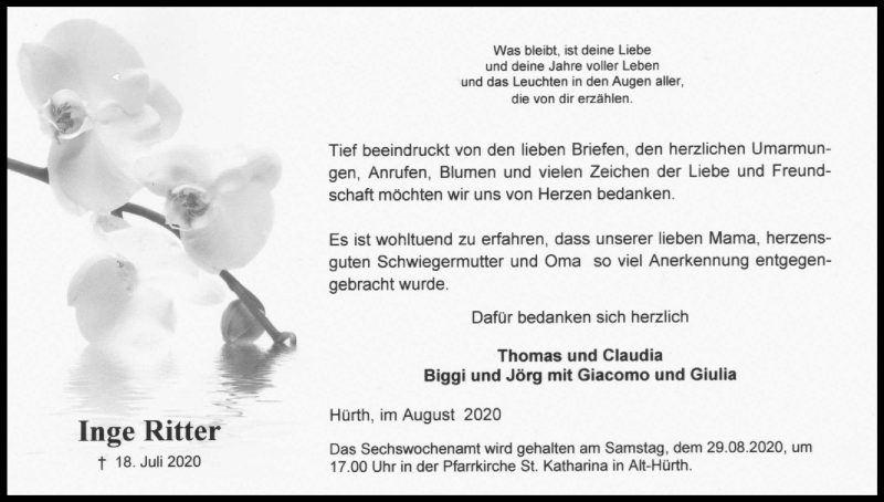  Traueranzeige für Inge Ritter vom 22.08.2020 aus Kölner Stadt-Anzeiger / Kölnische Rundschau / Express