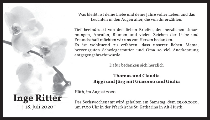  Traueranzeige für Inge Ritter vom 21.08.2020 aus  Wochenende 