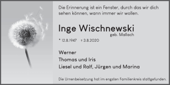Anzeige von Inge Wischnewski von  Schaufenster/Blickpunkt 