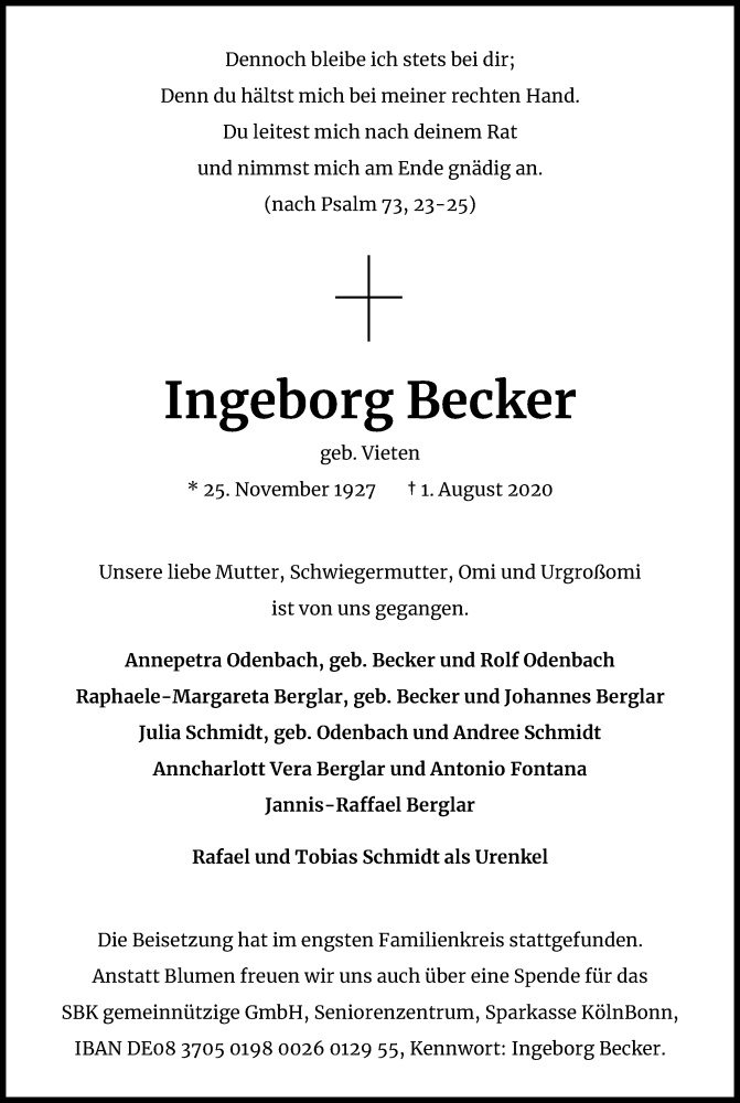  Traueranzeige für Ingeborg Becker vom 08.08.2020 aus Kölner Stadt-Anzeiger / Kölnische Rundschau / Express