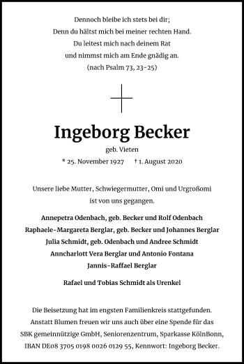 Anzeige von Ingeborg Becker von Kölner Stadt-Anzeiger / Kölnische Rundschau / Express