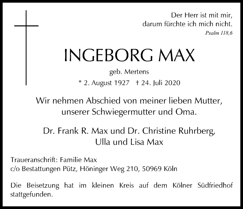  Traueranzeige für Ingeborg Max vom 08.08.2020 aus Kölner Stadt-Anzeiger / Kölnische Rundschau / Express