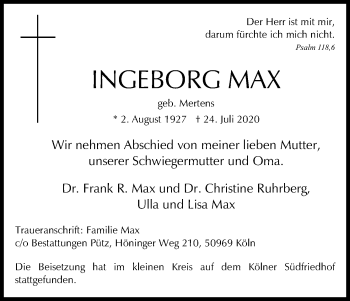Anzeige von Ingeborg Max von Kölner Stadt-Anzeiger / Kölnische Rundschau / Express