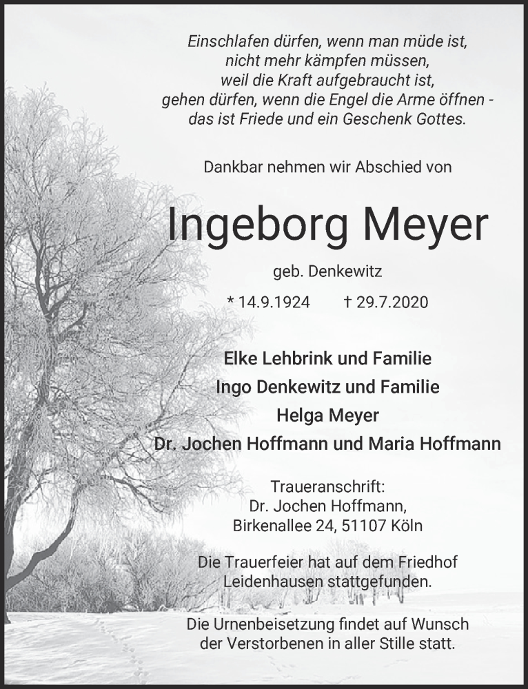  Traueranzeige für Ingeborg Meyer vom 07.08.2020 aus  Kölner Wochenspiegel 